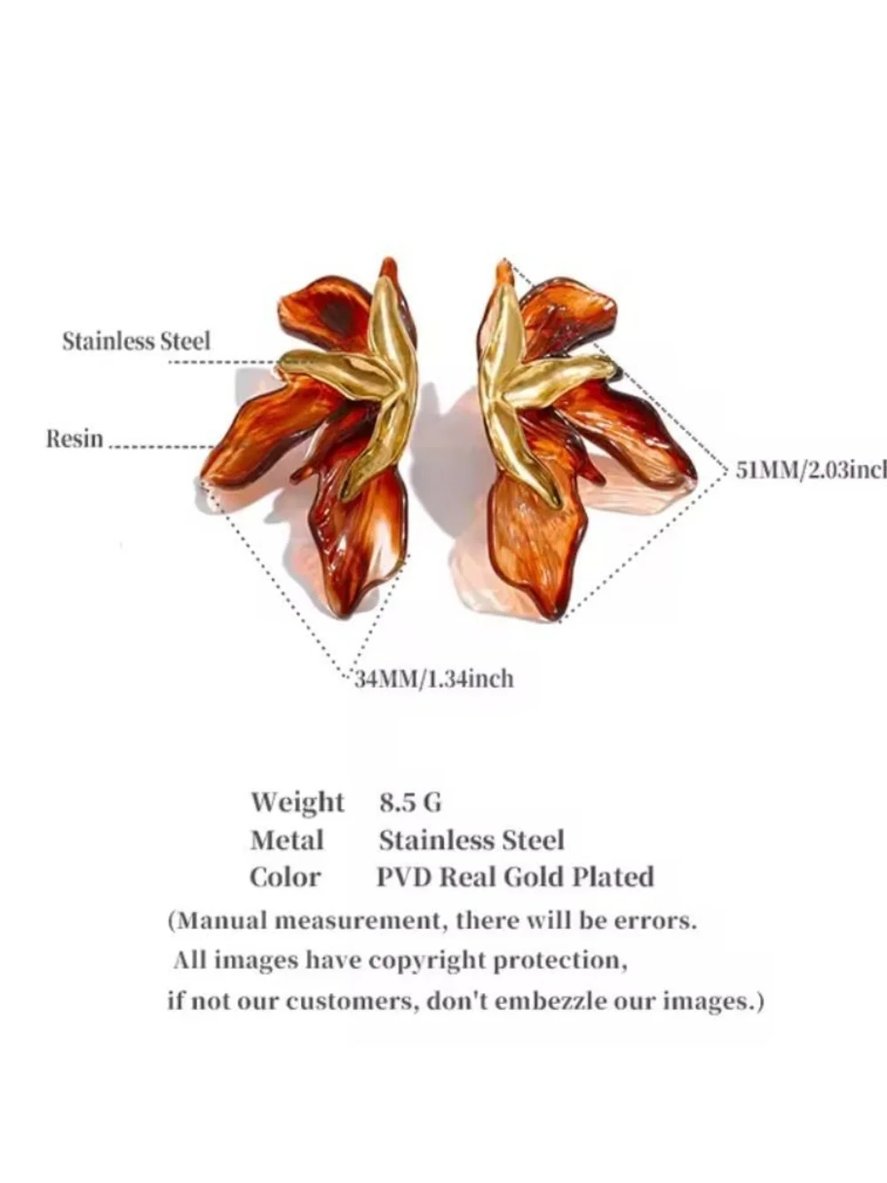 Gold-Plated Earrings with Amber Resin Leaf Petals